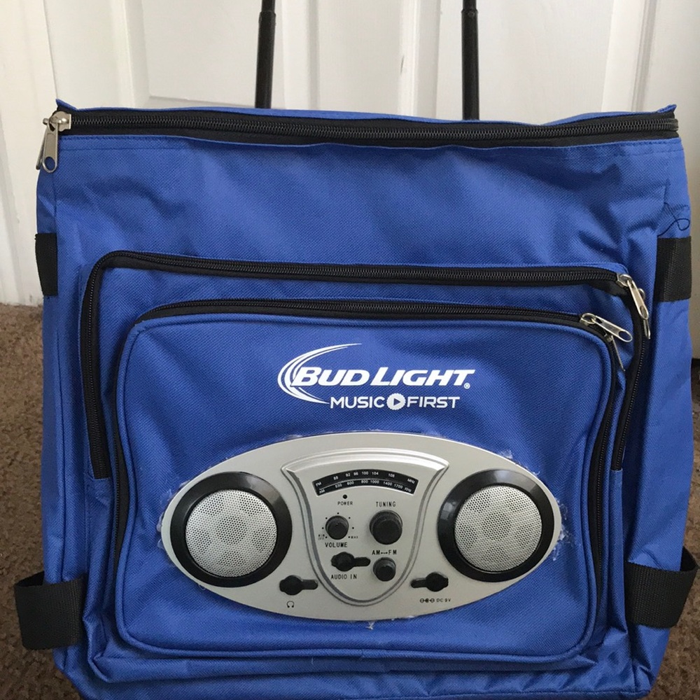 Bud light cooler with radio and speaker/ wheelers